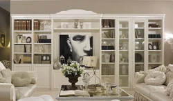 Bookcase in the living room interior photo in a city apartment