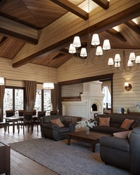 Modern living room in a wooden house photo