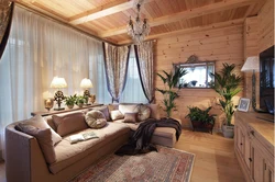 Modern living room in a wooden house photo