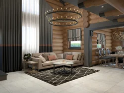 Modern living room in a wooden house photo