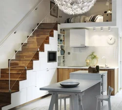 Interior kitchen living room with stairs to the second