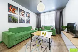 Qonaq otağının interyerində boz yaşıl divan