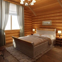 Bedroom Interior Of A Wooden House Made Of Logs
