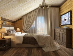 Bedroom interior of a wooden house made of logs