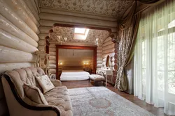 Bedroom interior of a wooden house made of logs