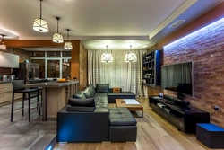 Zoning kitchen living room 30 sq m design photo