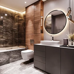 Bathroom interior with marble and wood tiles