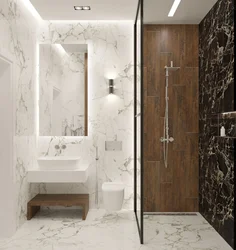 Bathroom interior with marble and wood tiles