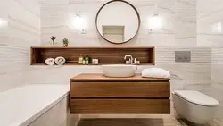 Bathroom interior with marble and wood tiles