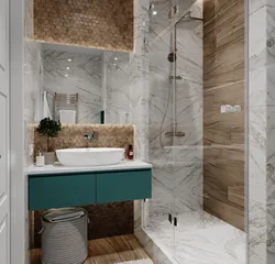 Bathroom interior with marble and wood tiles