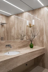 Bathroom interior with marble and wood tiles