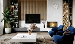 Living room interior with TV on the wall in a modern interior photo