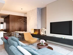 Living room interior with TV on the wall in a modern interior photo