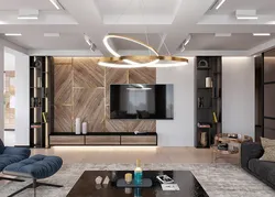 Living room interior with TV on the wall in a modern interior photo