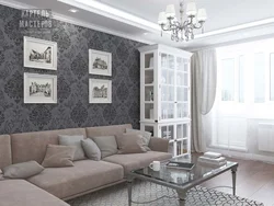 Living room with dark gray wallpaper photo