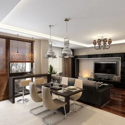 Modern design of living room kitchen in apartment