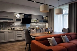 Modern design of living room kitchen in apartment