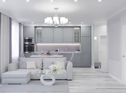 Living room kitchen design in gray photo