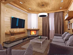 Modern living room in a wooden house photo