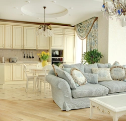 Provence style in the interior of the kitchen, living room in the house photo
