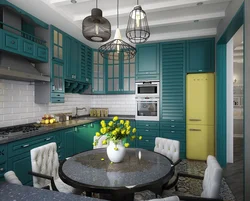 Light turquoise kitchen in the interior