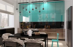 Светло бирюзовая кухня в интерьере