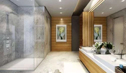 Bath design with marble tiles and wood