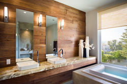 Bath Design With Marble Tiles And Wood