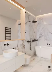 Bath design with marble tiles and wood