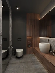 Gray bathroom with wood photo