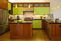Green kitchen with wood kitchen interior