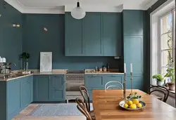 Kitchen interior with blue facade