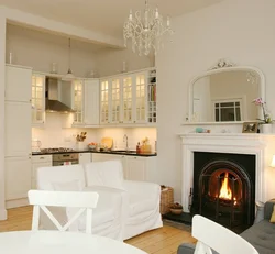 Kitchen design living room with fireplace in the house photo