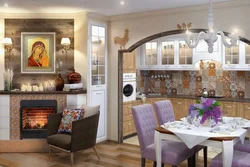 Kitchen design living room with fireplace in the house photo