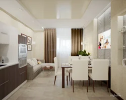 Interior design of kitchen living room 15 sq m