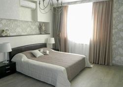 Photo of curtains for the bedroom in a modern style with a bedspread