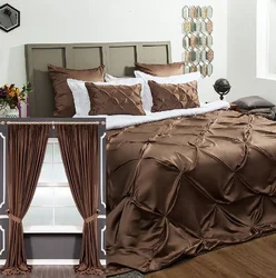 Photo of curtains for the bedroom in a modern style with a bedspread