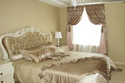 Photo of curtains for the bedroom in a modern style with a bedspread