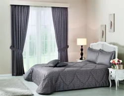 Photo of curtains for the bedroom in a modern style with a bedspread