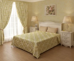 Photo of curtains for the bedroom in a modern style with a bedspread