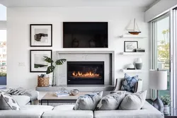 Interior with white fireplace in apartment