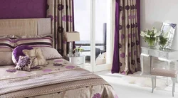 Purple curtains in the bedroom interior photo