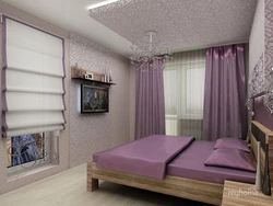 Purple curtains in the bedroom interior photo