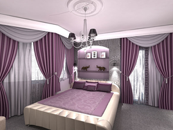 Purple curtains in the bedroom interior photo
