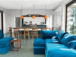 Blue sofa in the kitchen in the interior