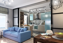 Interiors of living rooms with one window combined with a kitchen