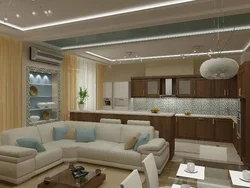 Interiors of living rooms with one window combined with a kitchen