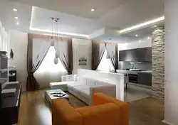 Mətbəx ilə birləşdirilmiş bir pəncərə ilə qonaq otaqlarının interyerləri
