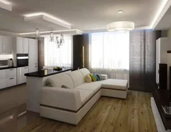 Interiors of living rooms with one window combined with a kitchen