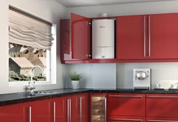 Photo of a kitchen with a gas boiler on the wall and pipes